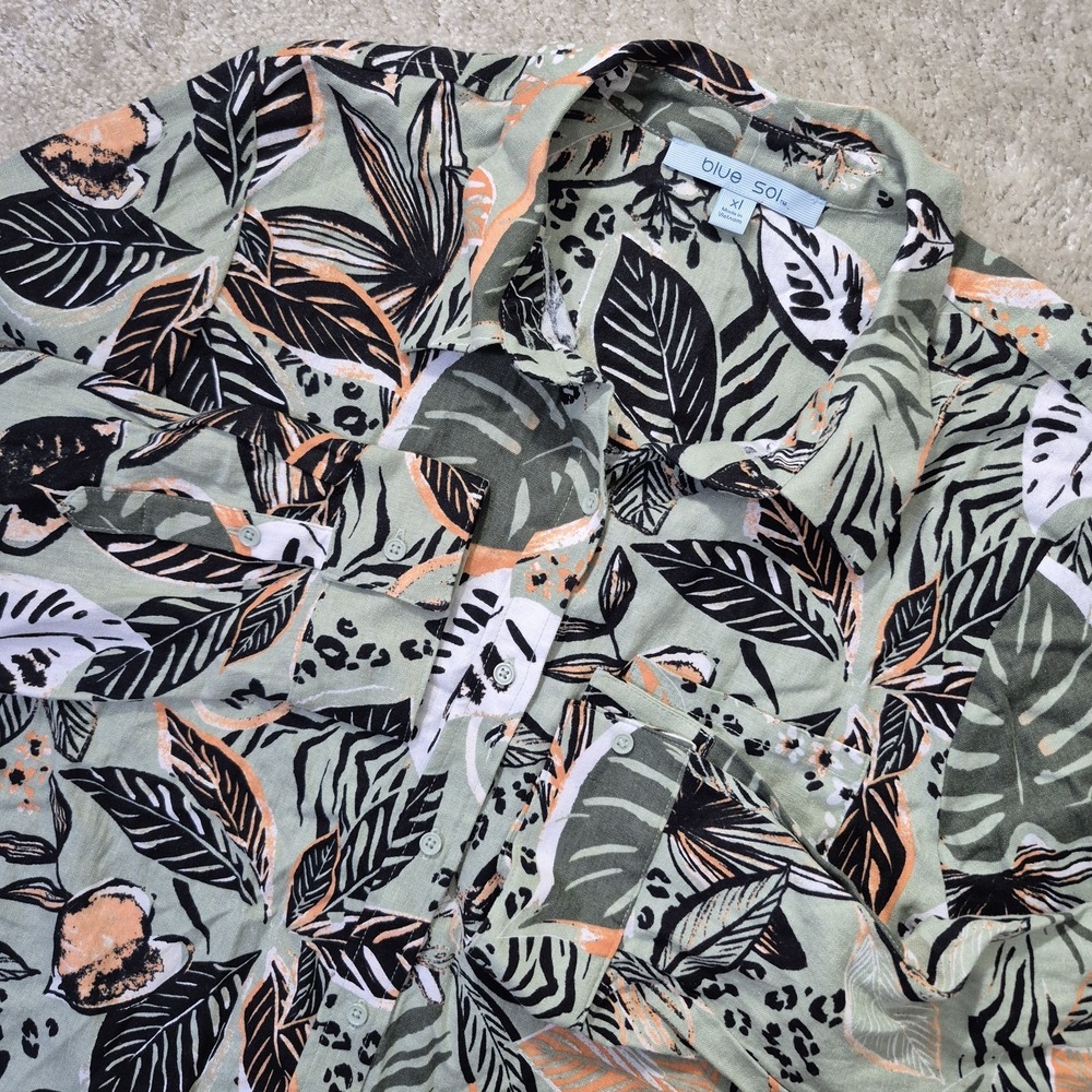 Blue Sol Womens Shirt XL Green Floral Blouse Linen Blend Button Up Coastal Beach